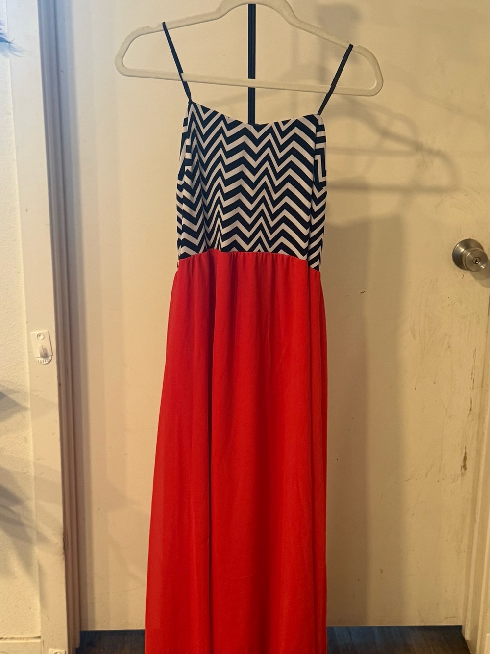 Studio Red Maxi Dress with Black-and-White Chevron Bodice